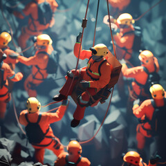 Stylized 3D illustration of an emergency rescue worker rappelling amidst multiple figures - obrazy, fototapety, plakaty
