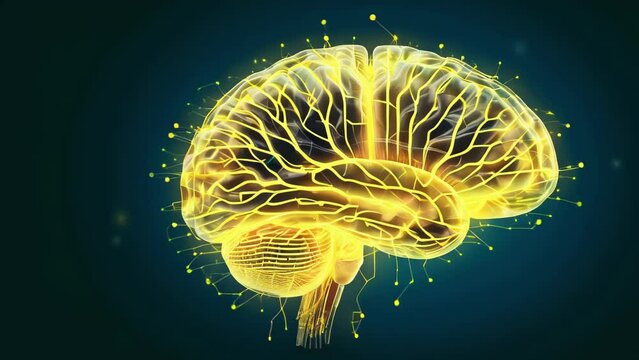 digital human brain with glowing yellow connections loopable neural network animation