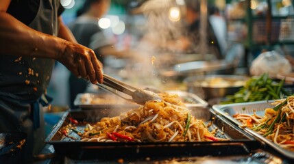 Aromatic Pad Thai being skillfully prepared at a night market