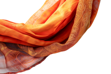 A long orange scarf with a pattern of paisley and gold, cut out - stock png.