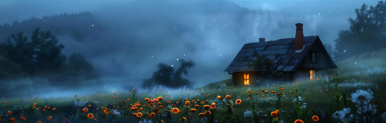house with light and chimney with light in flowers plantation field in misty dawn  - obrazy, fototapety, plakaty