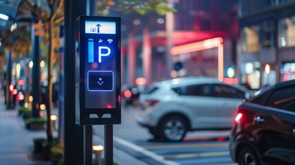 IoT smart parking sign at city entrance welcoming visitors with real-time parking information - obrazy, fototapety, plakaty