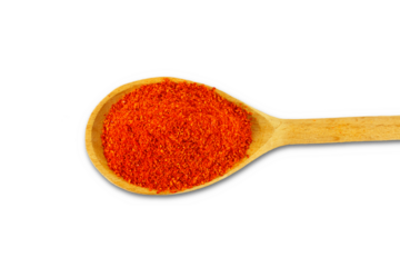  dry organic red chili pepper or kashmiri chili pepper powder in spoon,cutout transparent background,png format,top view