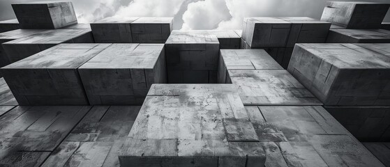 Dark concrete cubes chaitc architecture background with sky. 3d render illustration