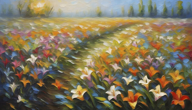 Oil painting of a wildflower field in impasto style.