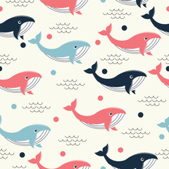 whale seamless pattern in flat vector