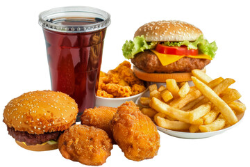 A plate of food and a drink with a burger and fries, cut out - stock png.