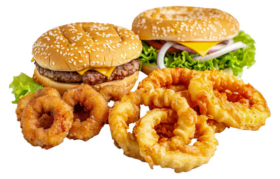 A burger and a hot dog sit on a plate with onion rings and lettuce - stock png.