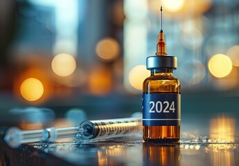 Medical Injection: Vial and Syringe Close-Up 2024 - obrazy, fototapety, plakaty