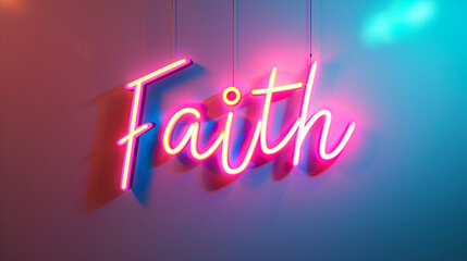 Word "Faith" written on gradient background with neon lights, Glowing Faith text hanging, love for religion and Christ
