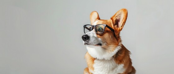 Adorable cute Welsh Corgi Pembroke wearing glasses sitting on white background and looking at side. Most popular breed of Dog