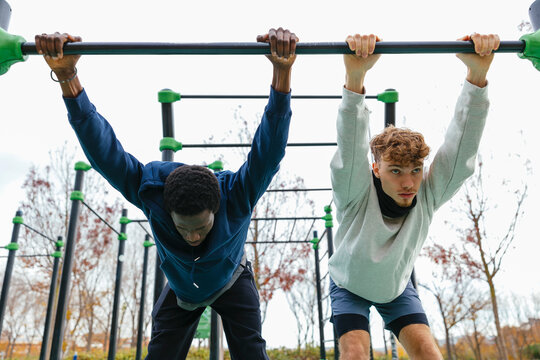 Friends doing exercices on park