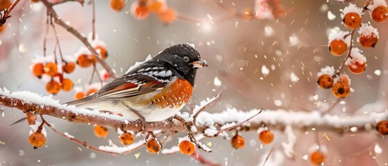 an adorable spotted towhee enjoys dry berries in cold winter