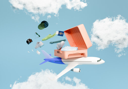 Travel and vacation concept. Luggage suitcase on airplane. 