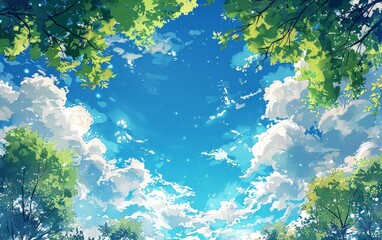 Fototapeta na wymiar Anime-style illustration of a summer sky and cumulonimbus clouds