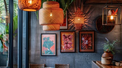 The walls are adorned with a mix of vintage and modern art pieces creating an eclectic and visually...