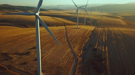 A rural landscape dotted with wind turbines their rotating blades casting long shadows on the ground. These sleek structures harness the power of the wind to generate electricity which .
