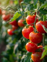 A bunch of ripe red tomatoes hanging from a plant. The tomatoes are ripe and ready to be picked