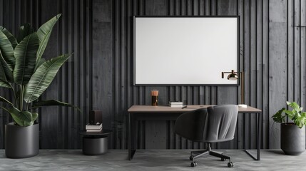 Mockup poster frame in modern home office interior background, 3d render