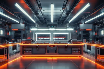 A futuristic kitchen with orange lights and a metallic look. The kitchen is empty and has a...