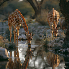 giraffes drink the water - obrazy, fototapety, plakaty