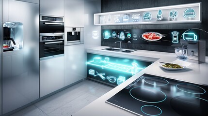 A kitchen with a countertop that has a neon sign on it that says "food". The kitchen is very modern and has a lot of appliances, including an oven, microwave, and refrigerator - Powered by Adobe