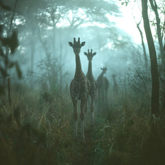 giraffe in the forest - obrazy, fototapety, plakaty