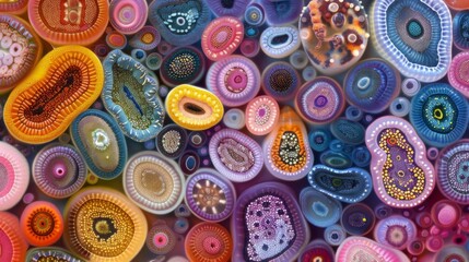 A colorful and chaotic image of various nematode and trematode eggs each with a unique shape and pattern resembling a bizarre and - obrazy, fototapety, plakaty