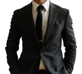 A man in a suit and tie is standing with his hands on his hips, cut out - stock png.