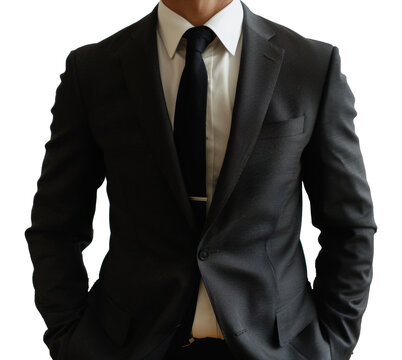 A man in a suit and tie is standing with his hands on his hips, cut out - stock png.