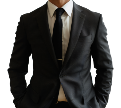 A man in a suit and tie is standing with his hands on his hips, cut out - stock png.