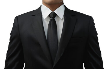 A man in a black suit and white shirt is wearing a black tie, cut out - stock png.
