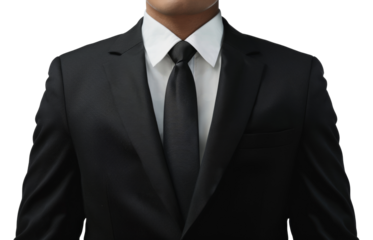 A man in a black suit and white shirt is wearing a black tie, cut out - stock png.
