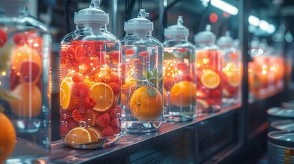 A row of glass jars filled with fruit, including oranges and raspberries. The jars are illuminated,...