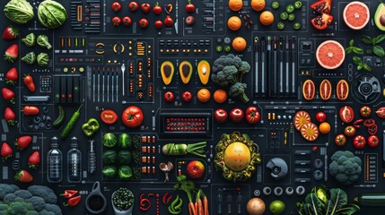 A colorful image of various fruits and vegetables arranged in a grid. Scene is vibrant and healthy,...