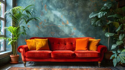 Opulent Elegance: Art Deco Interior with Crimson Sofa