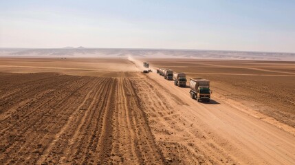 A convoy of trucks carrying portable biofuel factories makes its way through a desert landscape bringing hope and progress to previously barren areas. In the distance a farmer can .