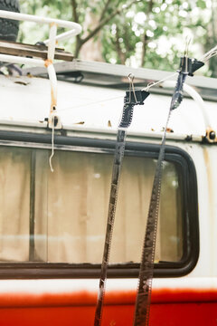 35mm negatives, being dried in the open air with a rope on a car 