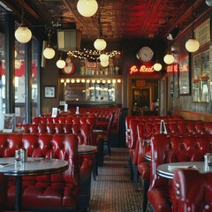 A red restaurant with neon lights and clocks on the wall. The atmosphere is lively and inviting. The tables are set with silverware and condiments, and there are several chairs
