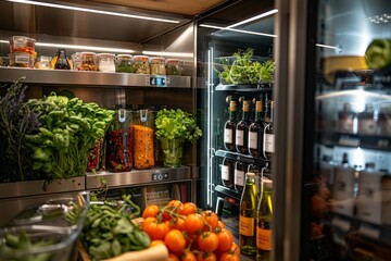 A refrigerator is full of vegetables and wine bottles. The vegetables include tomatoes, lettuce, and spinach. The wine bottles are arranged on the shelves, with some bottles on the top