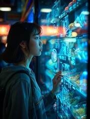 Fototapeta premium A woman is looking at a digital display of food items. She is reaching for a food item on the screen