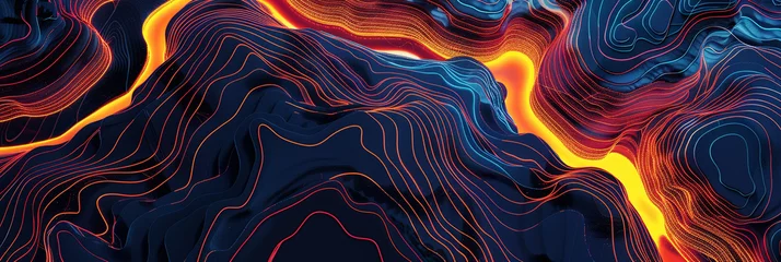 Fotobehang colorful topographic map of the river valley, glowing with orange and yellow lines on a dark blue background, generative AI © VALUEINVESTOR