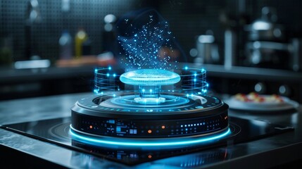 A futuristic looking stove top with a blue glowing surface