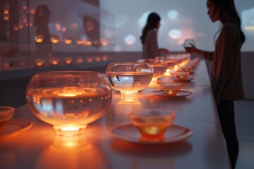 A woman is standing in front of a table with many bowls of water and cups. The bowls are lit up with candles, creating a warm and inviting atmosphere. The woman is holding a cell phone