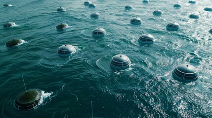 An aerial view shows a vast ocean filled with floating buoylike devices. These devices powered by wave and wind energy are equipped with technology to extract algae from the water .
