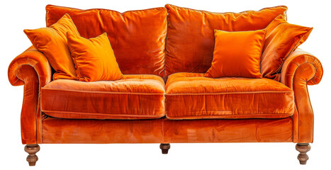 A large orange couch with pillows on it, cut out - stock png.