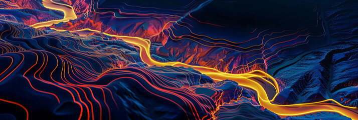 colorful topographic map of the river valley, glowing with orange and yellow lines on a dark blue background, generative AI - obrazy, fototapety, plakaty