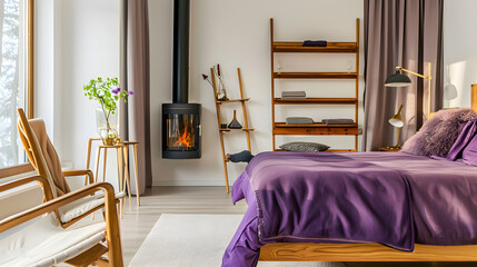 Contemporary Bedroom Retreat: Purple Bedding, Wooden Ladder Shelf, and Fireplace