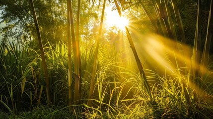 Golden rays of sunlight dance between the tall stalks of sugarcane emitting a sweet energy that fills the air. . - obrazy, fototapety, plakaty