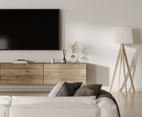 Home interior with TV screen and console table with decor, white sofa
